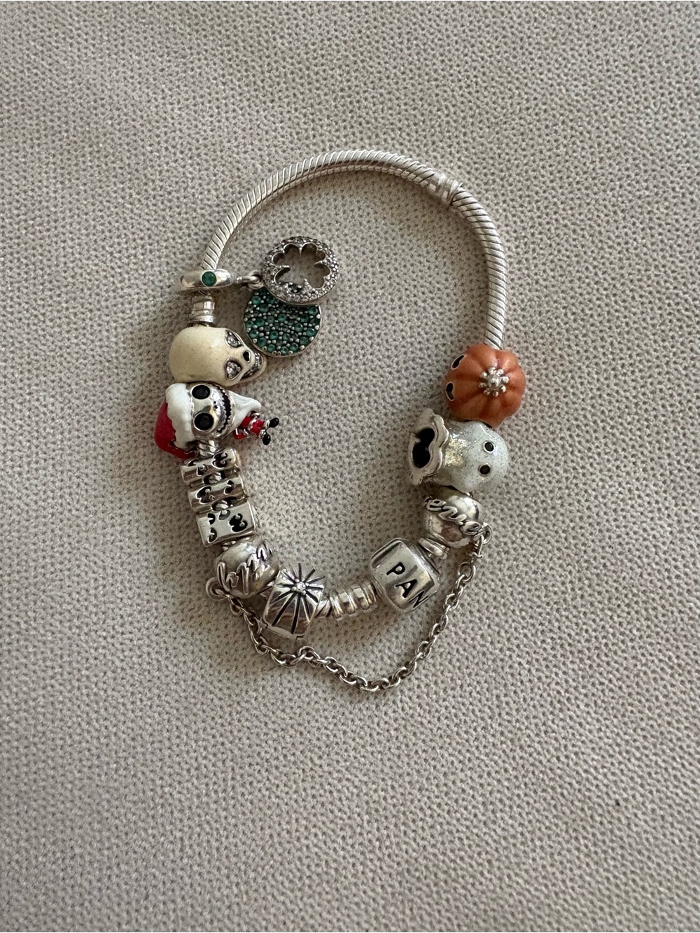 Silver Halloween Charm Bracelet with Orange Pumpkin and Green Accents